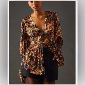 New Anthropologie Deep-V Floral Print Tunic Blouse- Black Motif